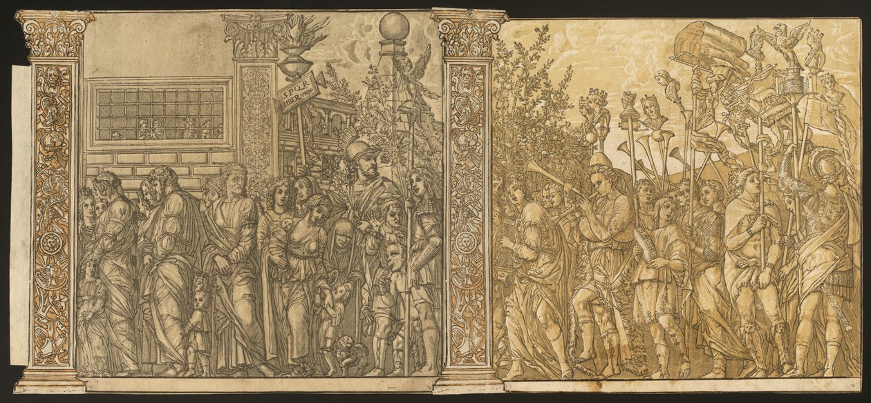 De Triomf van Julius Caesar [nr. 7 en 8 plus 2 kolommen] door Andrea Andreani after Andrea Mantegna