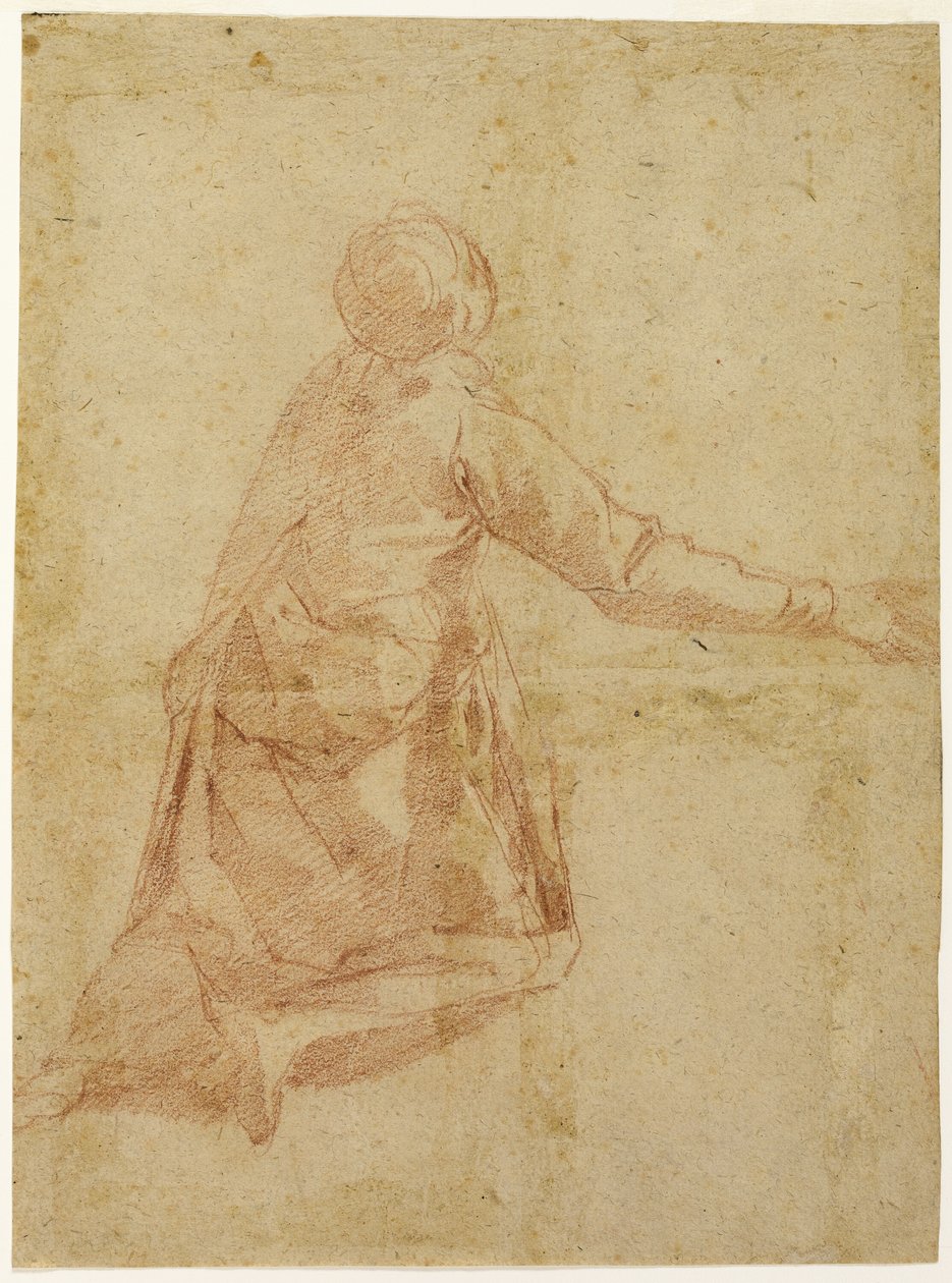 Knielende figuur van achteren (recto); Drie halve studies van gesluierde vrouwelijke figuur (verso) door Andrea Boscoli