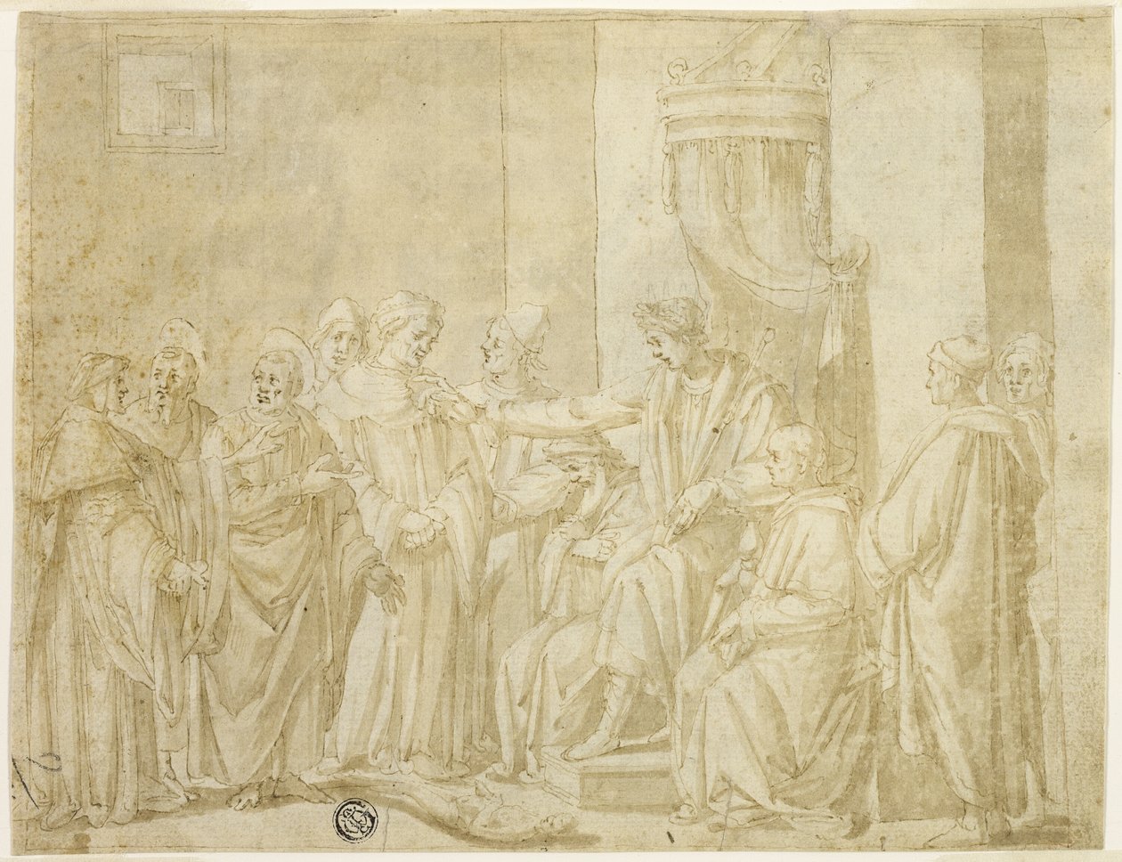 Heiligen Petrus en Paulus discussiëren met Simon Magus voor Nero (recto); Vijf scènes uit het verhaal van Mozes (verso) door Andrea Boscoli