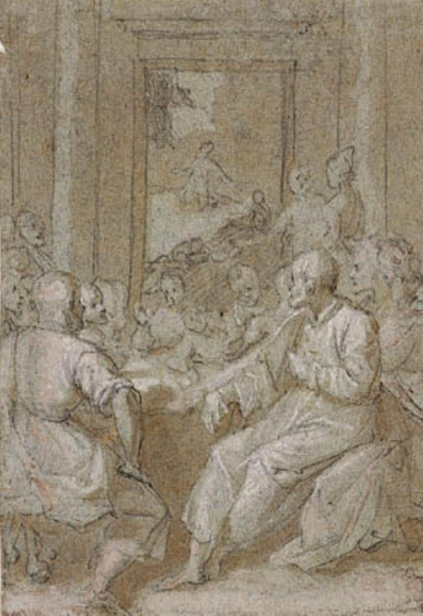 Het Laatste Avondmaal, met een uitzicht op Christus in de Hof van Olijven door de deur aan de achterkant door Andrea Boscoli