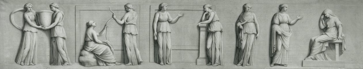 Een grisaille paneel met vrouwelijke figuren, waaronder muzen door Andrea Casali