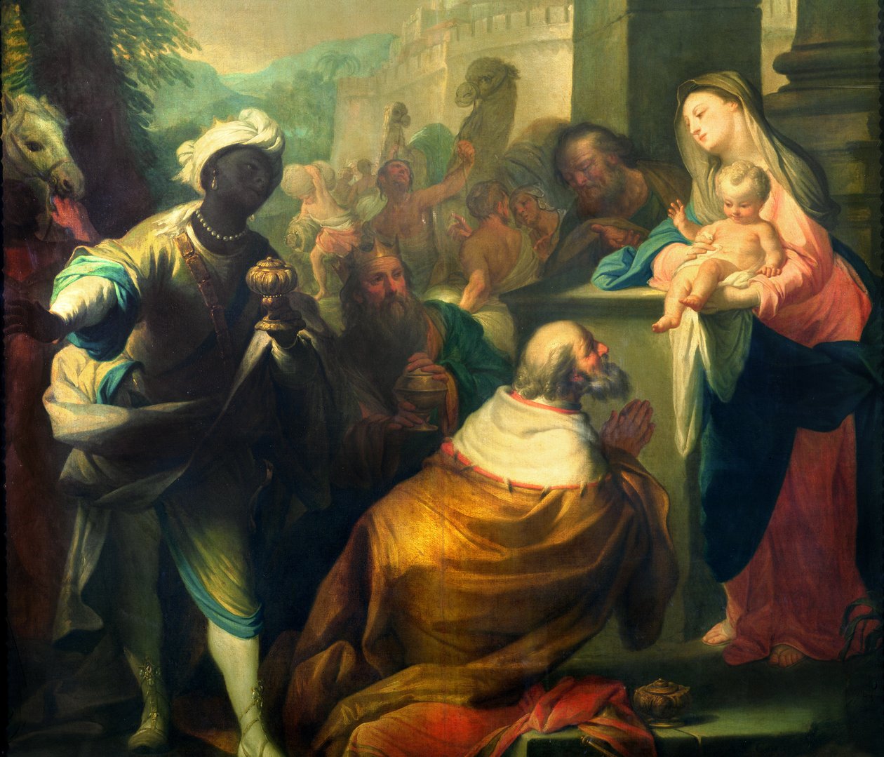 De Aanbidding der Wijzen, detail van de drie koningen door Andrea Casali