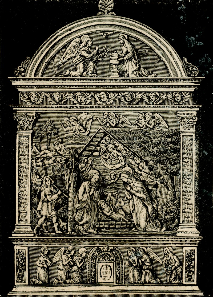 Geboorte, terracotta altaarstuk door Andrea della Robbia, uit de kerk van Sint Clara, Civiek Museum van Sansepolcro, Toscane, Italië, houtsnede uit Le cento citta d