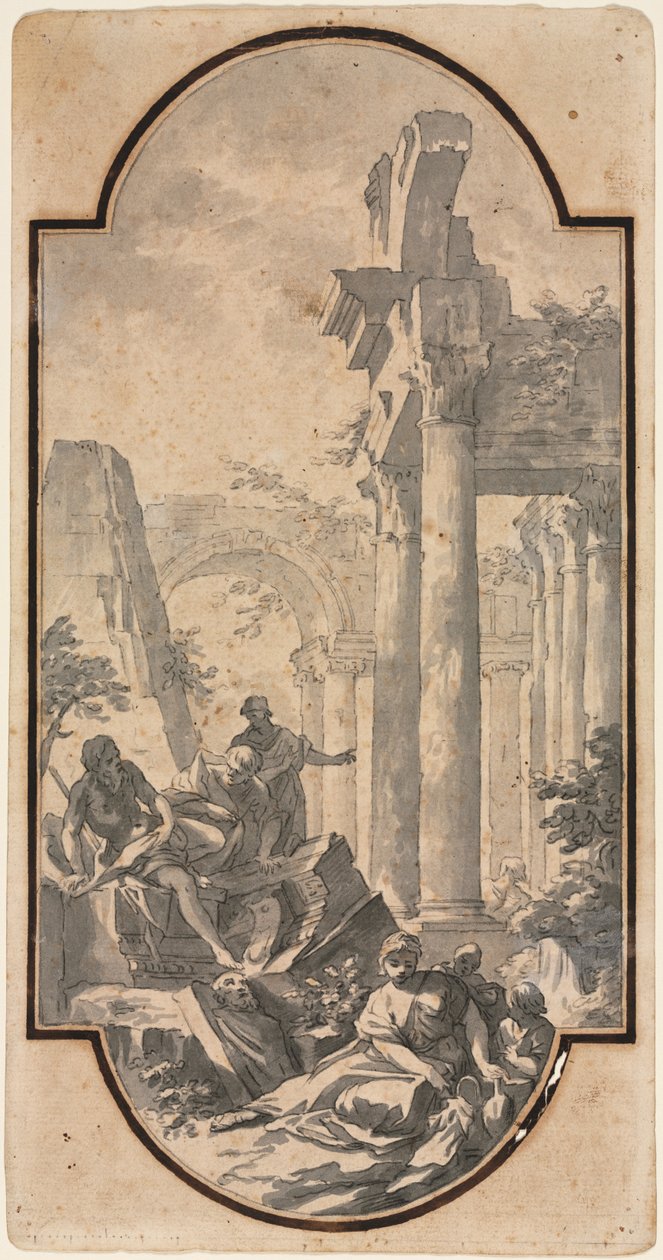 Figuren Bij de Ruïnes van een Korinthische Tempel (recto) door Andrea Locatelli