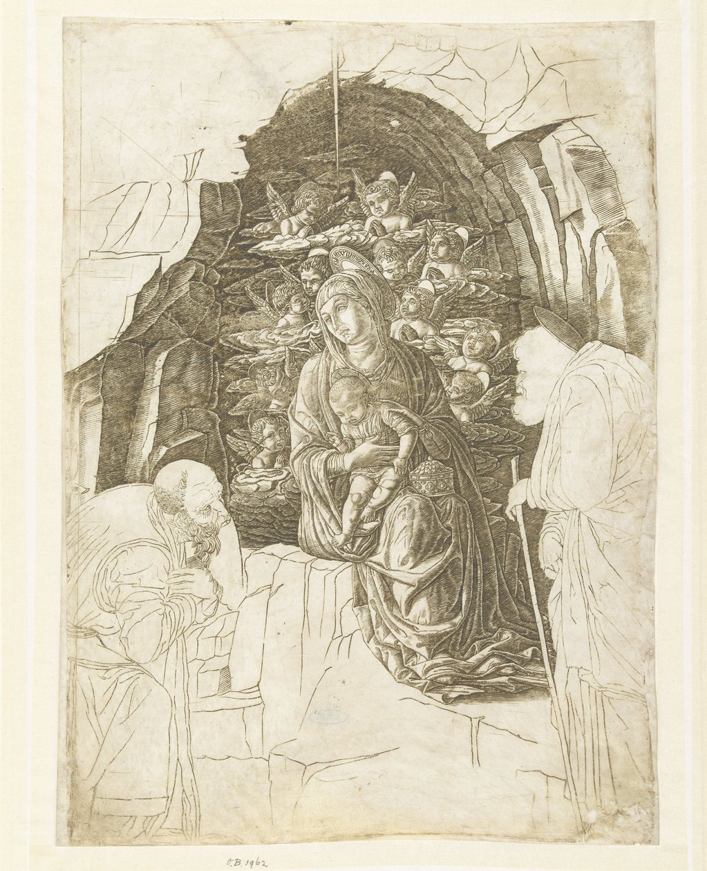 Maria met kind omgeven door engelen in grot met Jozef en koning in aanbidding door Andrea Mantegna (school of)