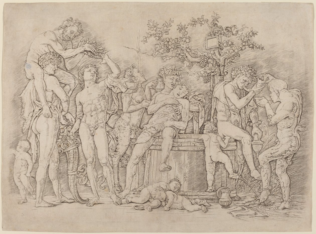 Bacchanaal met een Wijnvat door Andrea Mantegna