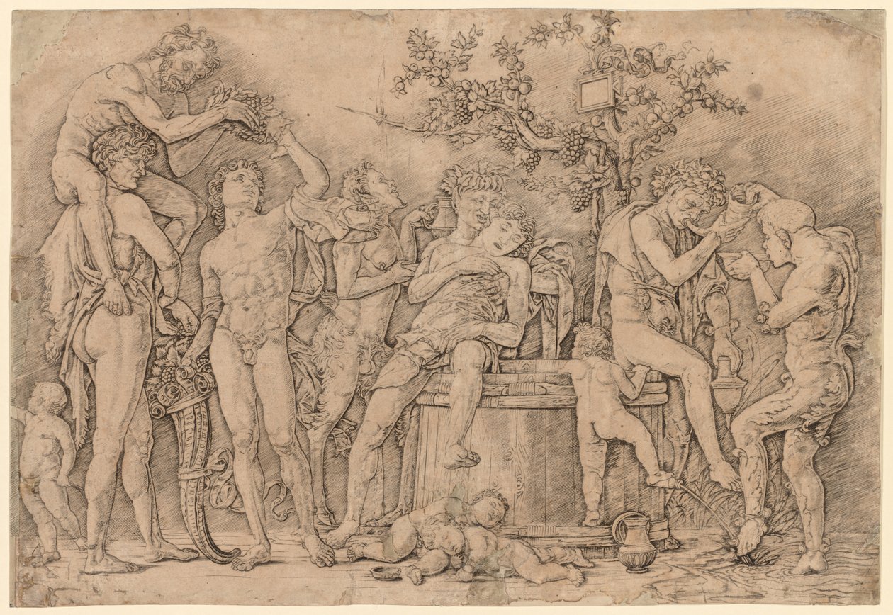 Bacchanaal met een wijnvat door Andrea Mantegna