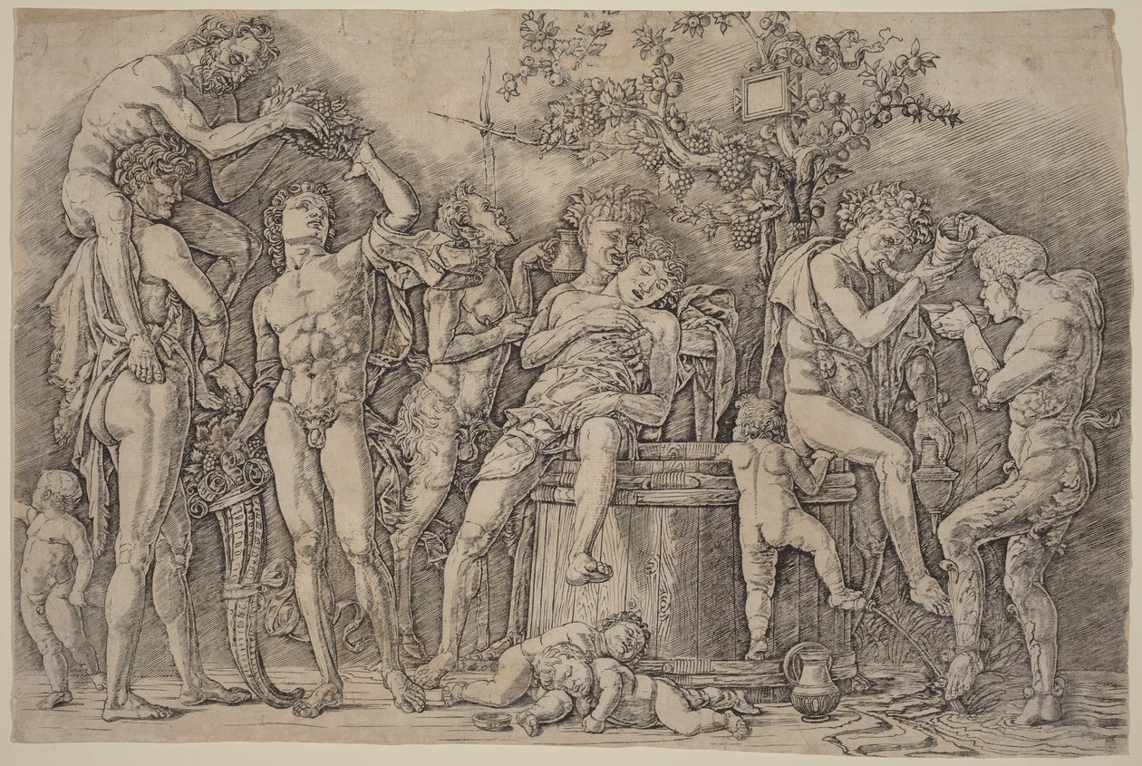 Bacchanaal met een wijnvat door Andrea Mantegna