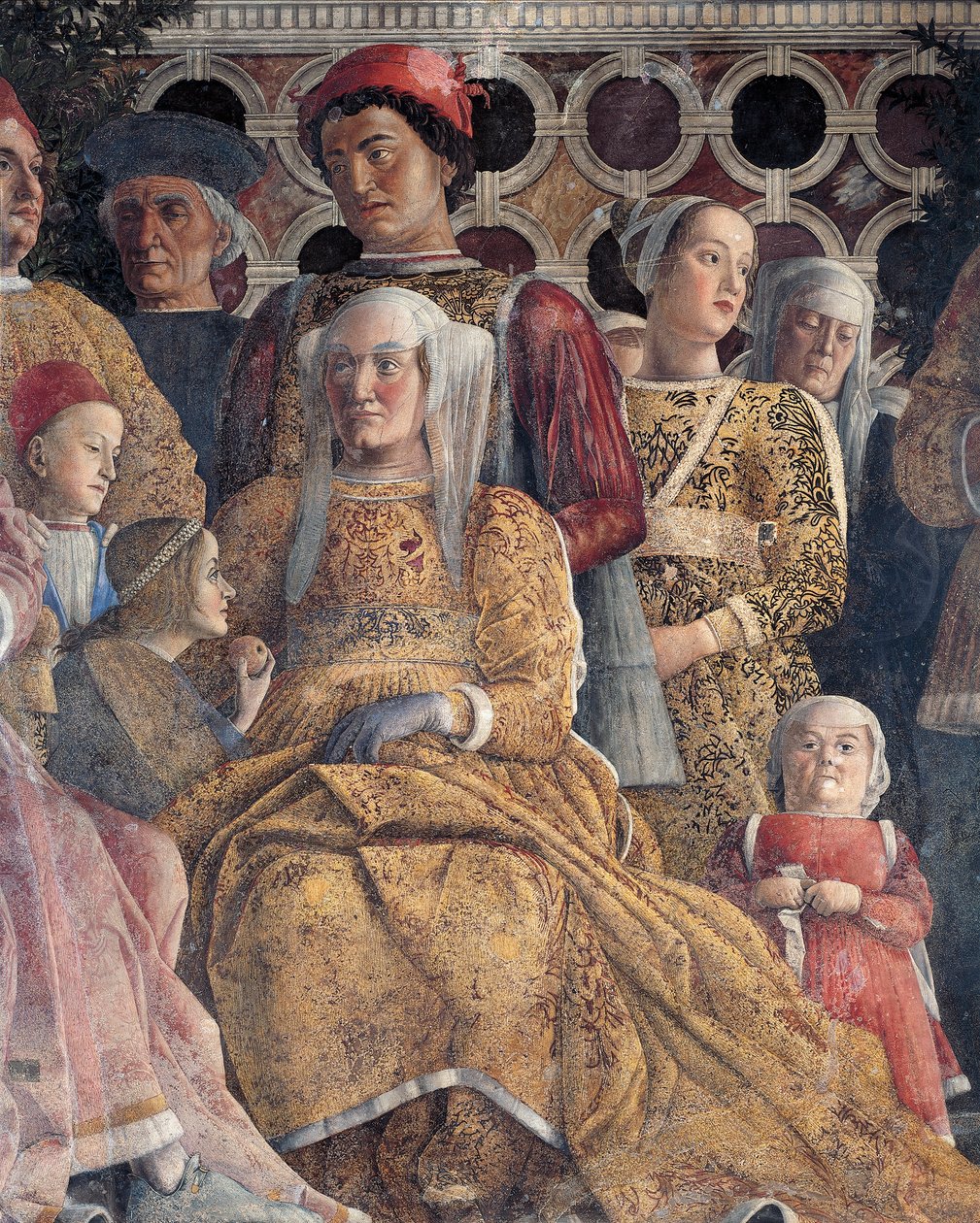 Barbara van Brandenburg met haar dochter Paula en Rodolfo Gonzaga, detail van Hofmuur, door Andrea Mantegna, fresco, San Giorgio Kasteel, Huwelijkskamer of Camera Picta, Mantua door Andrea Mantegna