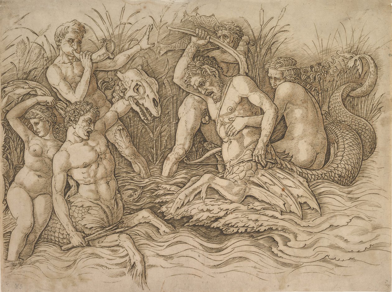Slag van de zeegoden rechterhelft, ca. 1485-88 door Andrea Mantegna
