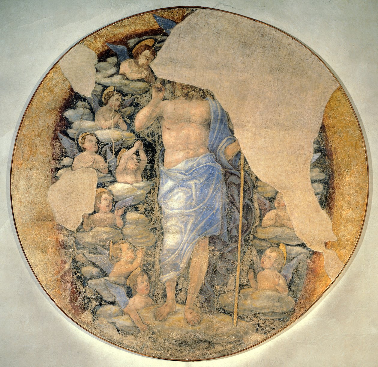 Christus stijgt op naar de hemel in glorie omringd door engelen, circa 1488, toegeschreven aan Andrea Mantegna, fresco door Andrea Mantegna