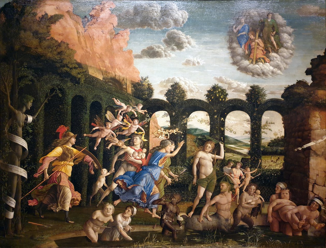 Duits: Der Sieg der Tugend Minerva die de Ondeugden uit de Tuin der Deugd verdrijft door Andrea Mantegna