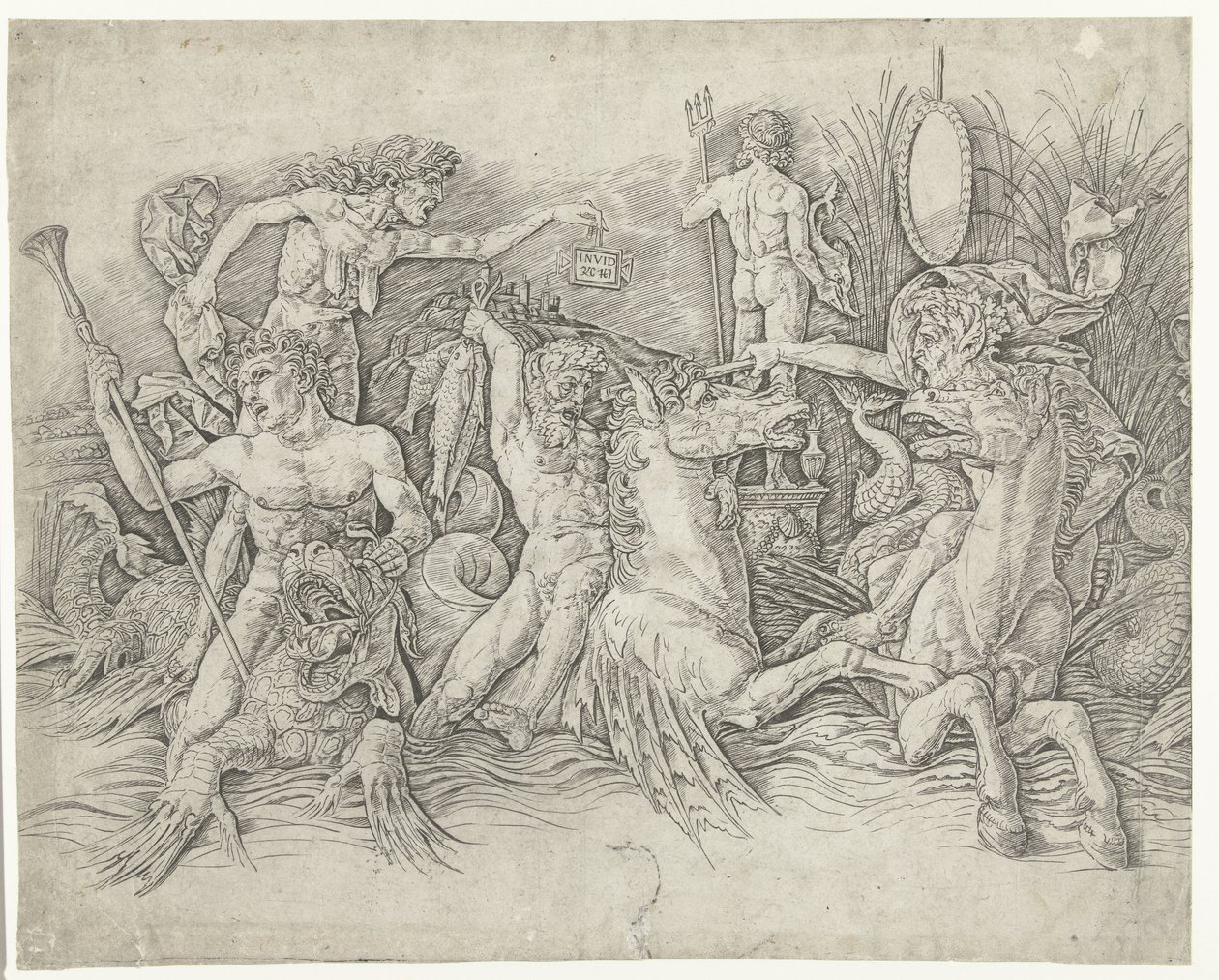 Gevecht tussen satyrs rijdend op hippocampussen en oude vrouw als personificatie van afgunst staand op rug van draak door Andrea Mantegna