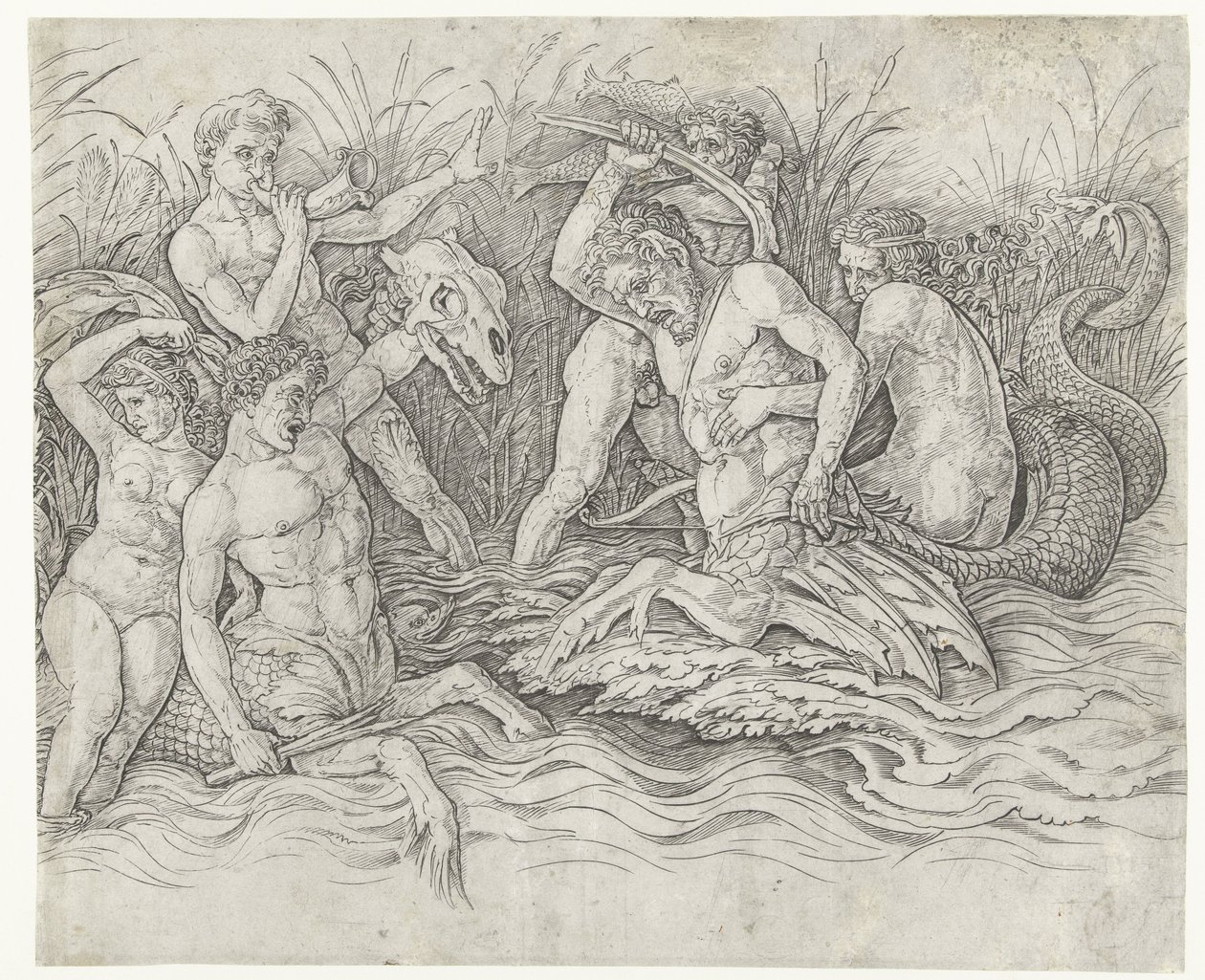 Gevecht tussen tritons met nereïden op hun rug door Andrea Mantegna