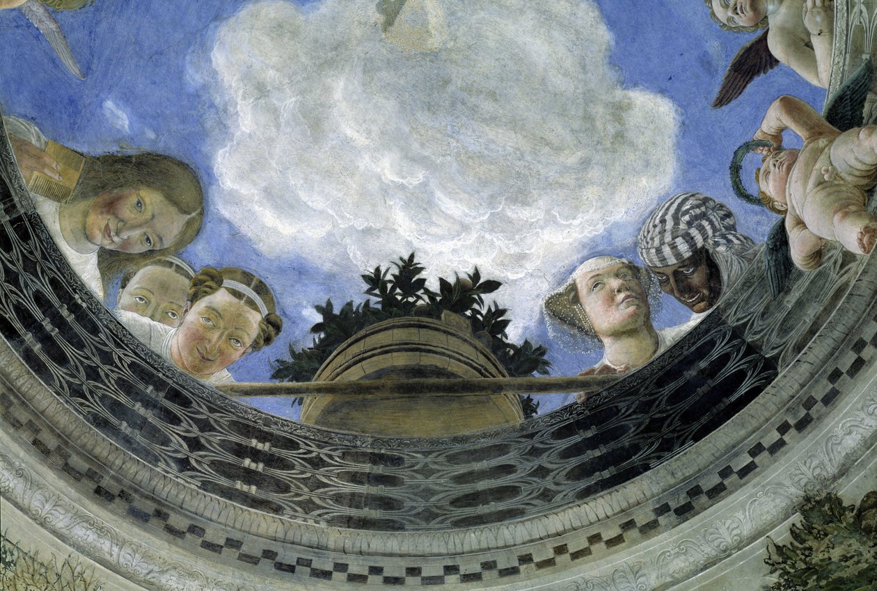 Occulus van het plafond van het Huis van Echtgenoten, Hertogelijk Paleis van Mantua, Italië (Camera degli Sposi, Palazzo Ducale, Mantova): detail van allegorische figuren en putti. Fresco door Andrea Mantegna (1431-1506) door Andrea Mantegna