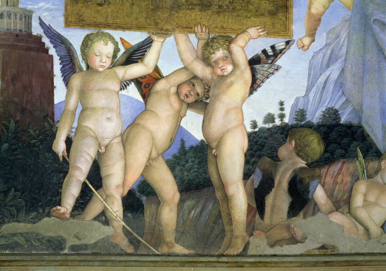 Putti met vlindervleugels die de dedicatieplaat ondersteunen (detail) door Andrea Mantegna
