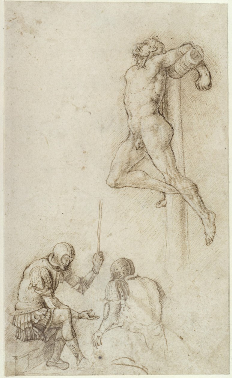 Misdadigers aan het kruis, met daaronder twee soldaten die dobbelen door Andrea Mantegna