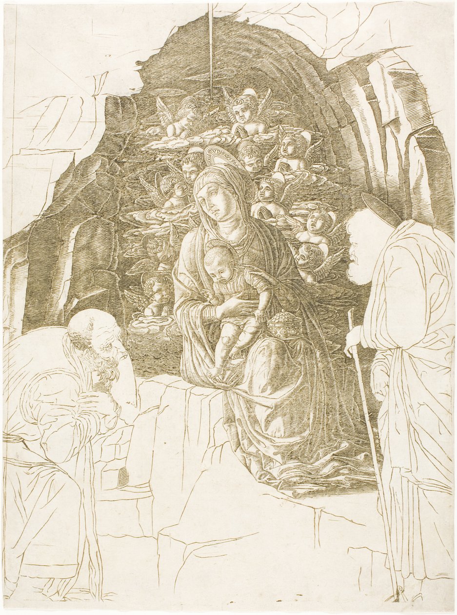 De aanbidding der wijzen (Maagd van de Grot) door Andrea Mantegna