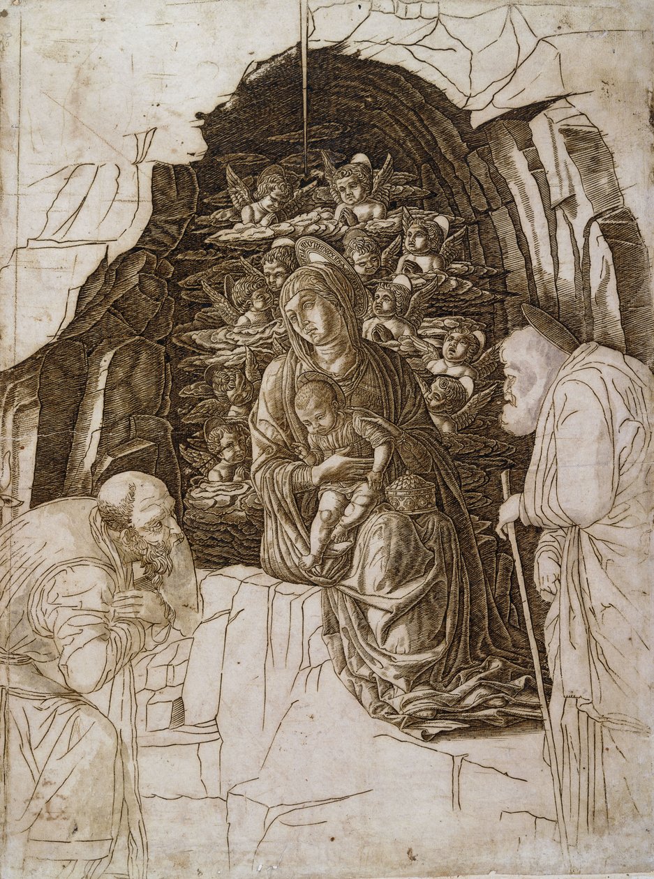 De Aanbidding der Wijzen: De Maagd in de Grot, c.1475-80 door Andrea Mantegna