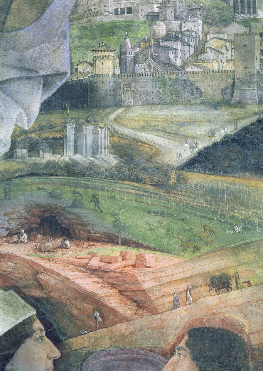 De aankomst van Kardinaal Francesco Gonzaga; marmergroeven en een geïdealiseerd uitzicht op Rome door Andrea Mantegna