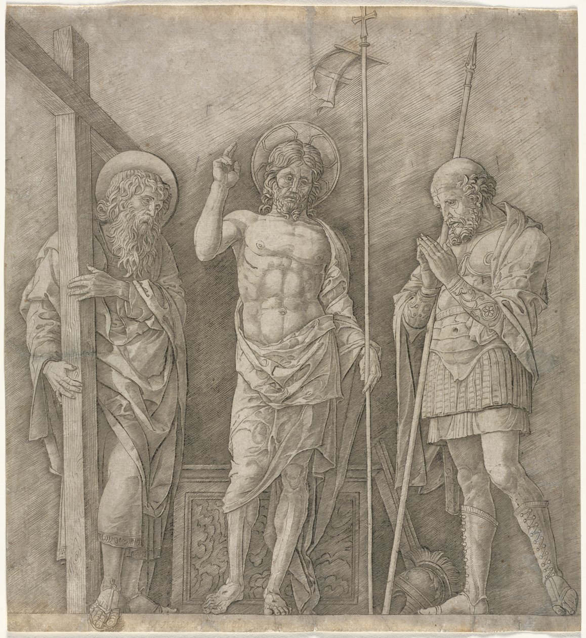 De Verrezen Christus tussen Sint Andreas en Longinus door Andrea Mantegna