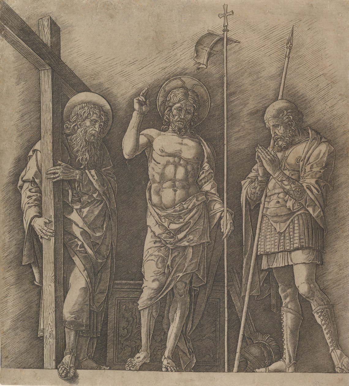 De Verrezen Christus tussen Sint Andreas en Sint Longinus, ca. 1472 door Andrea Mantegna