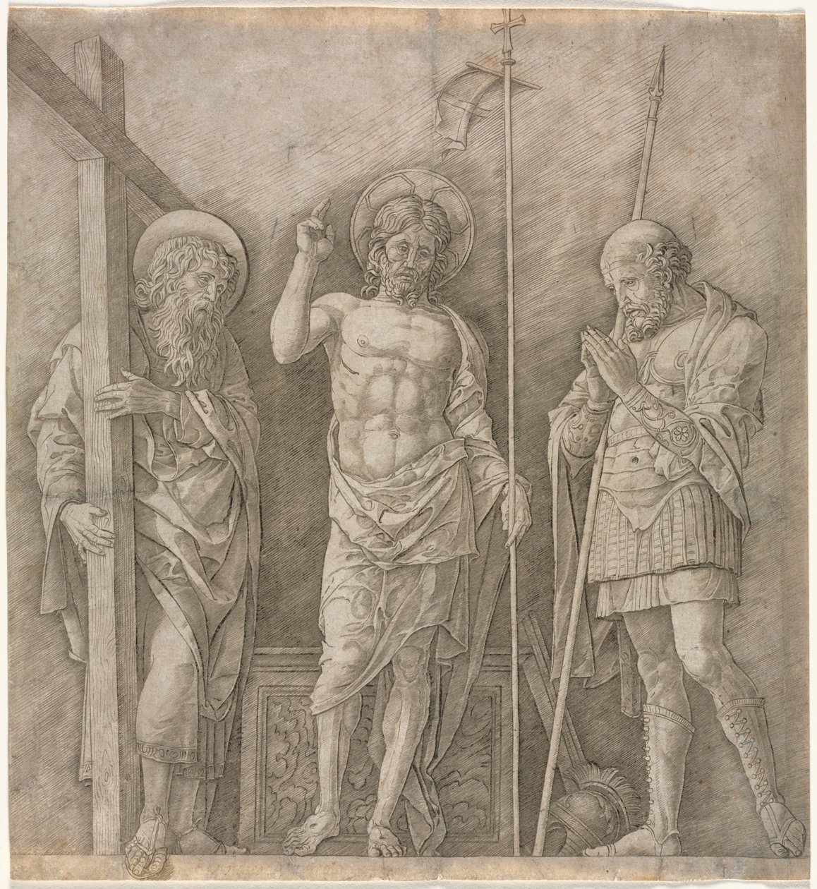 De Verrezen Christus tussen Sint Andreas en Longinus door Andrea Mantegna