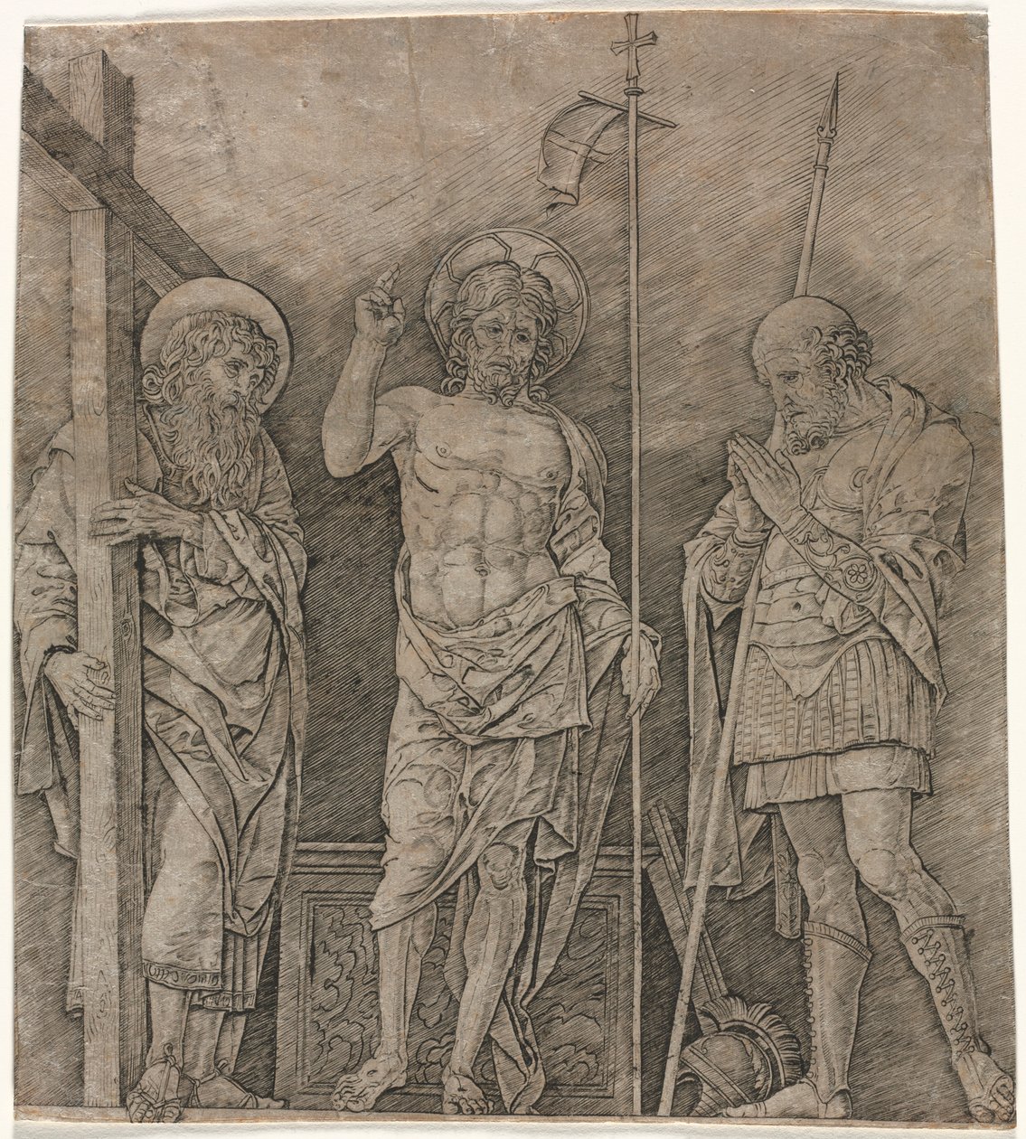 De verrezen Christus tussen St. Andreas en Longinus, vroege jaren 1470 door Andrea Mantegna