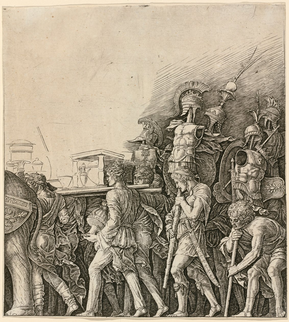 De triomf van Caesar: soldaten die trofeeën dragen door Andrea Mantegna