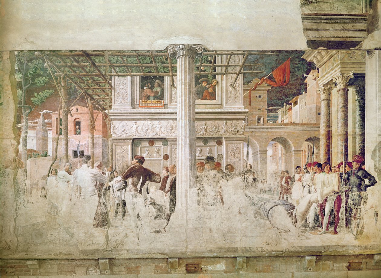 Het martelaarschap van Sint Christoffel en de verplaatsing van zijn lichaam (voor restauratie), c.1450-56 door Andrea Mantegna