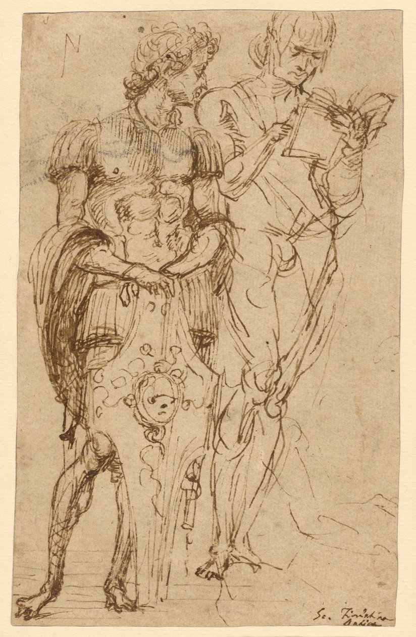 Twee staande mannelijke figuren (recto); Een liggende man en andere studies (verso) door Andrea Mantegna