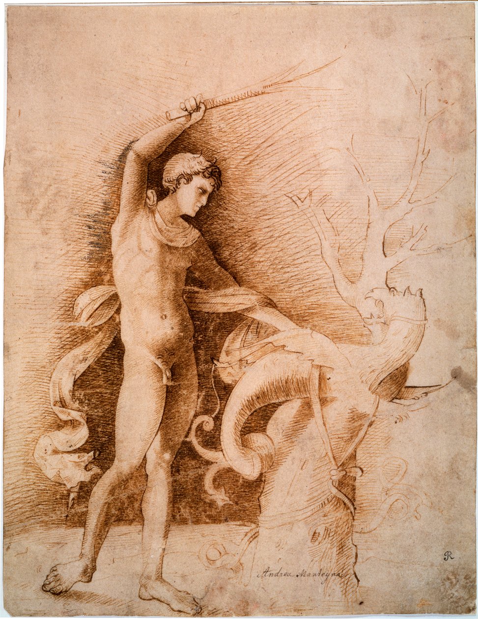 Jonge man vecht tegen de draak, eind 15e eeuw door Andrea Mantegna