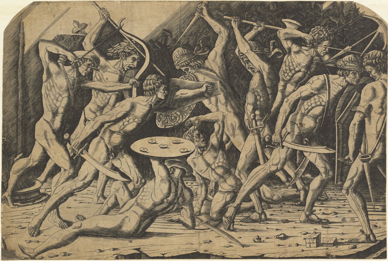 Slag van Naakte Mannen door Andrea Mantegna or School after Antonio del Pollaiuolo