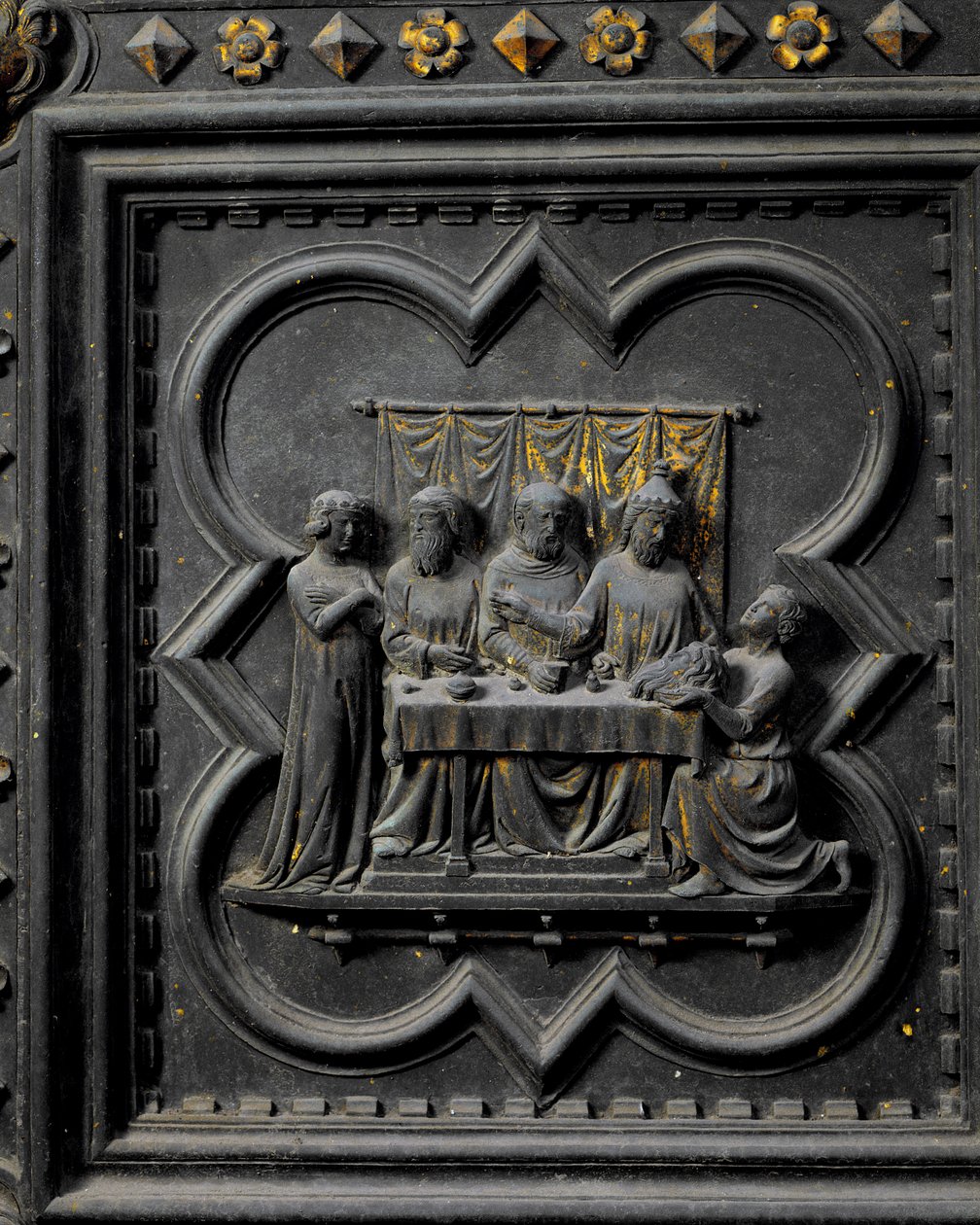 De presentatie van het hoofd van Johannes de Doper aan koning Herodes, zeventiende paneel van de zuidelijke deuren van de Baptisterium van San Giovanni, 1336 door Andrea Pisano