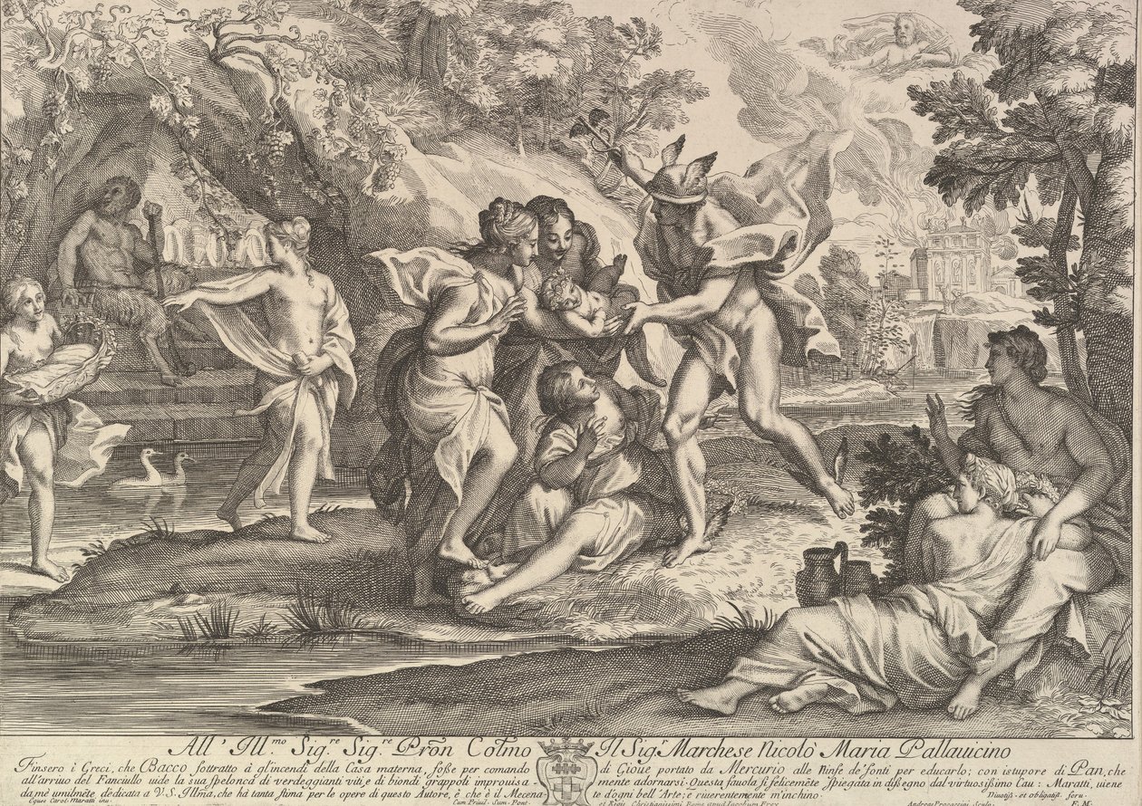 Bacchus als kind gegeven door Mercurius aan de zorg van de nimfen door Andrea Procaccini