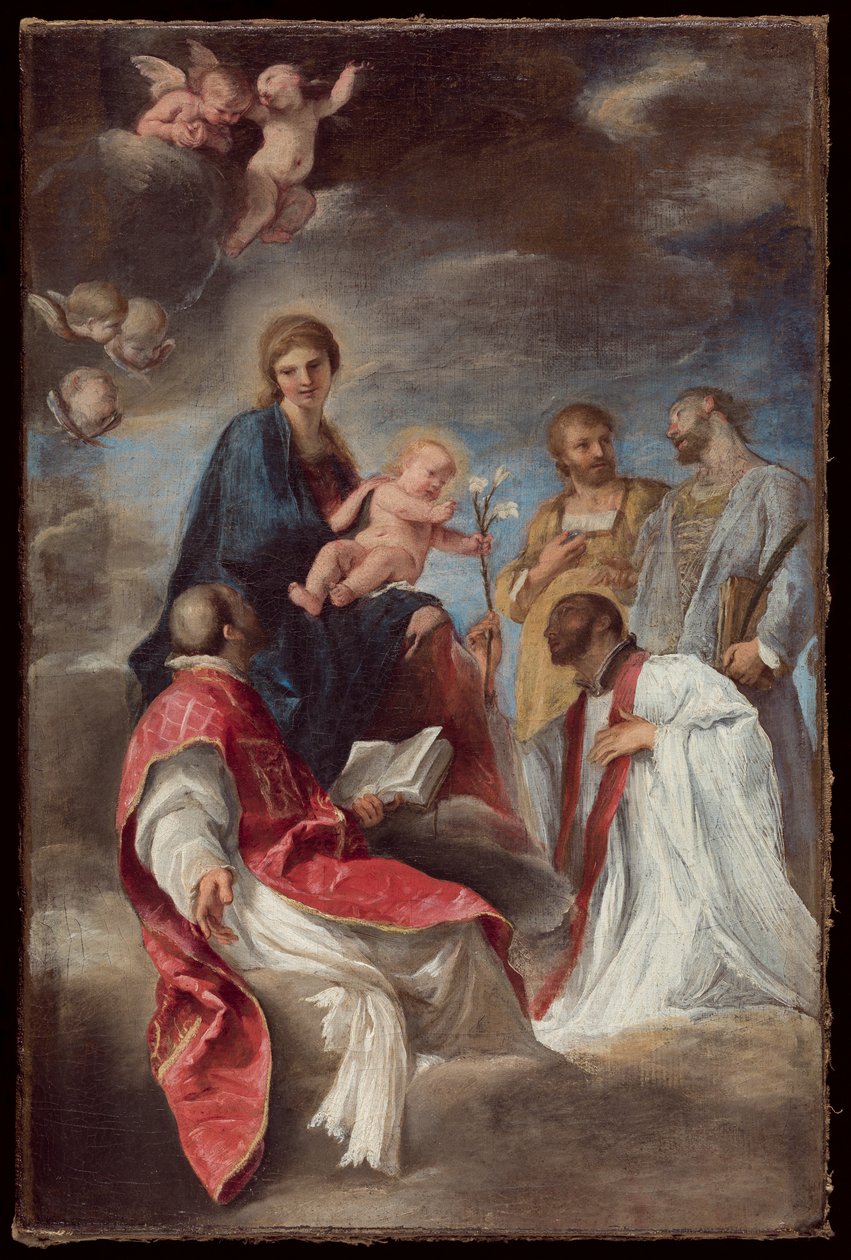 De Madonna en Kind met Heiligen Ignatius van Loyola, Franciscus Xaverius, Cosmas en Damianus door Andrea Sacchi