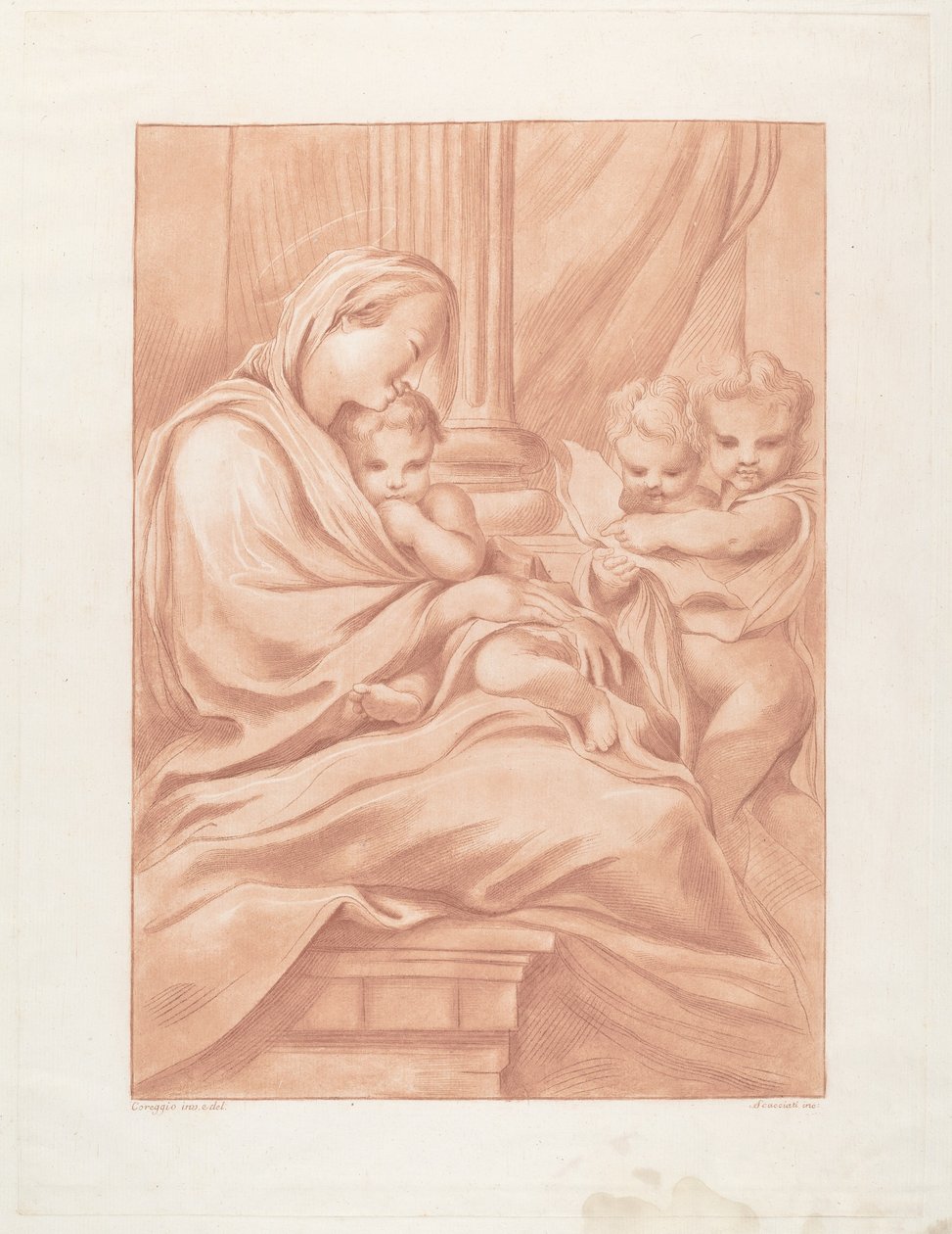 Maagd en Kind met Twee Engelen door Andrea Scacciati after Correggio