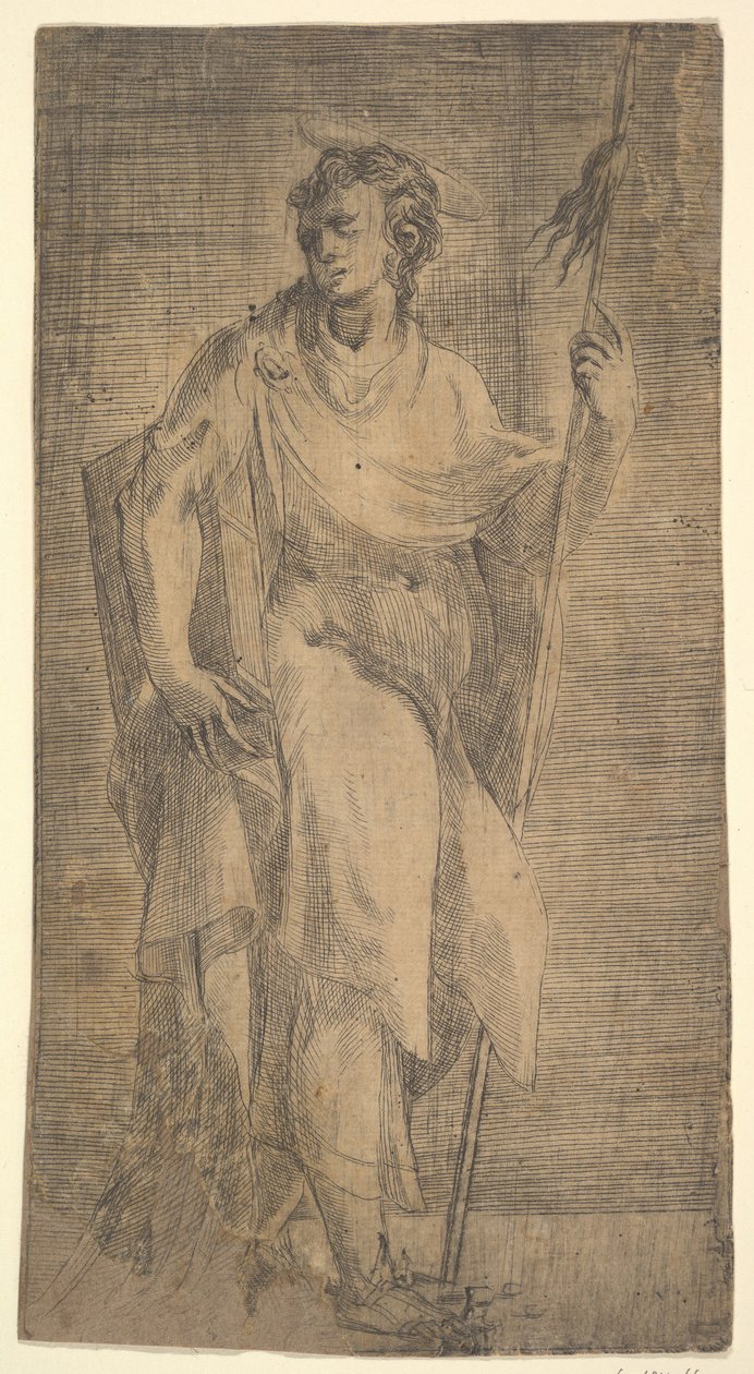 Een heilige, mogelijk Mattheüs, met een staf en een boek, ca. 1540-50 door Andrea Schiavone
