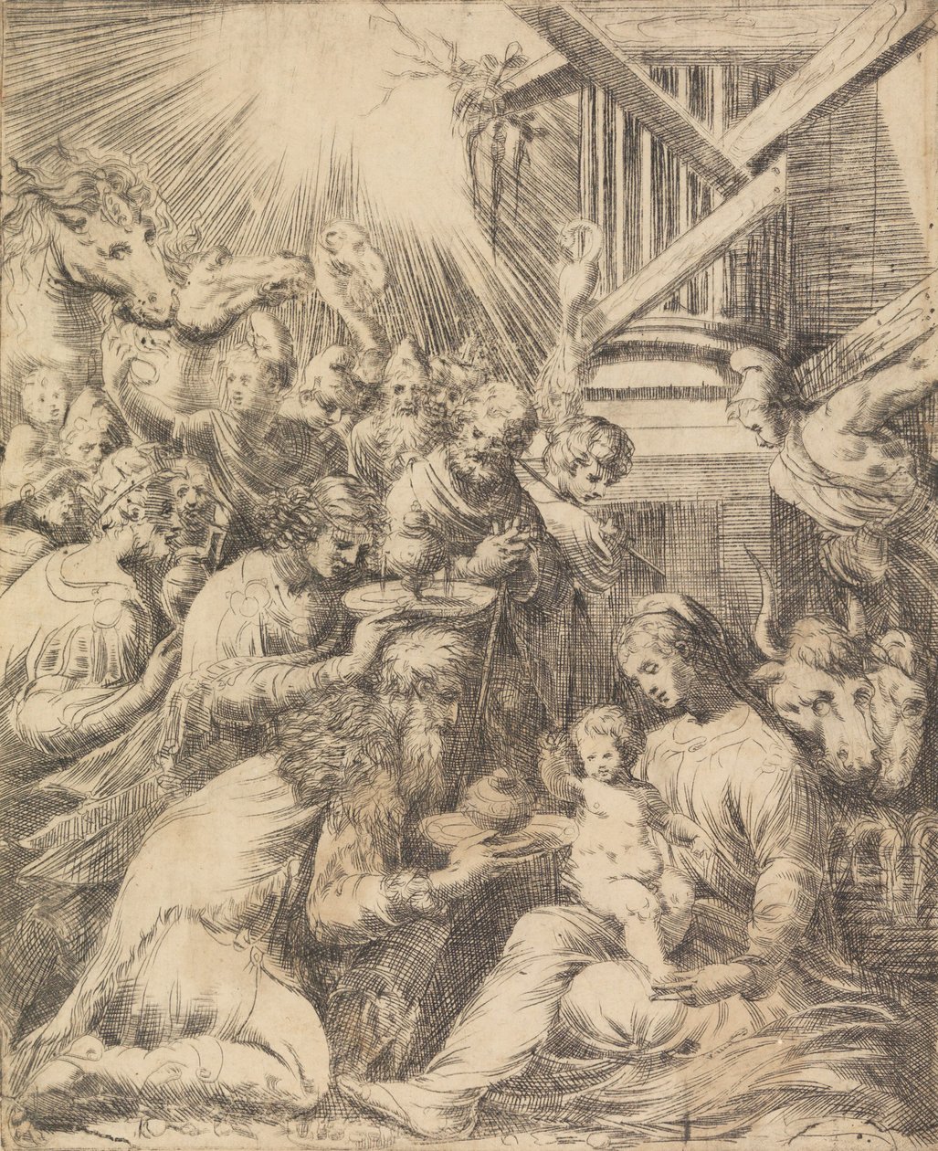 Aanbidding der Wijzen, ca. 1553-60 door Andrea Schiavone