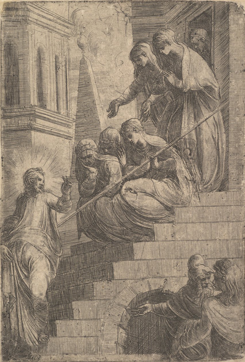 Christus spreekt een groep vrouwen toe die zitten en staan op trappen, ca. 1541-44 door Andrea Schiavone