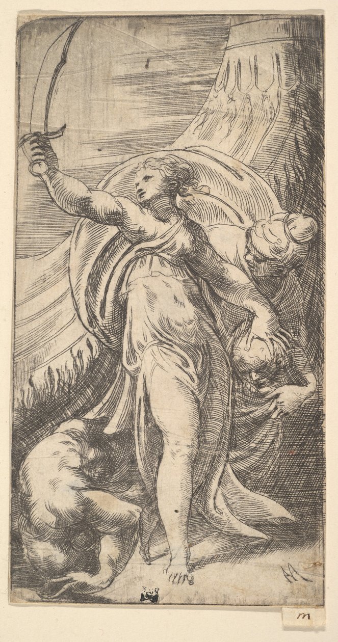 Judith met haar zwaard geheven in haar rechterhand, het hoofd van Holofernes plaatsend in de zak door Andrea Schiavone