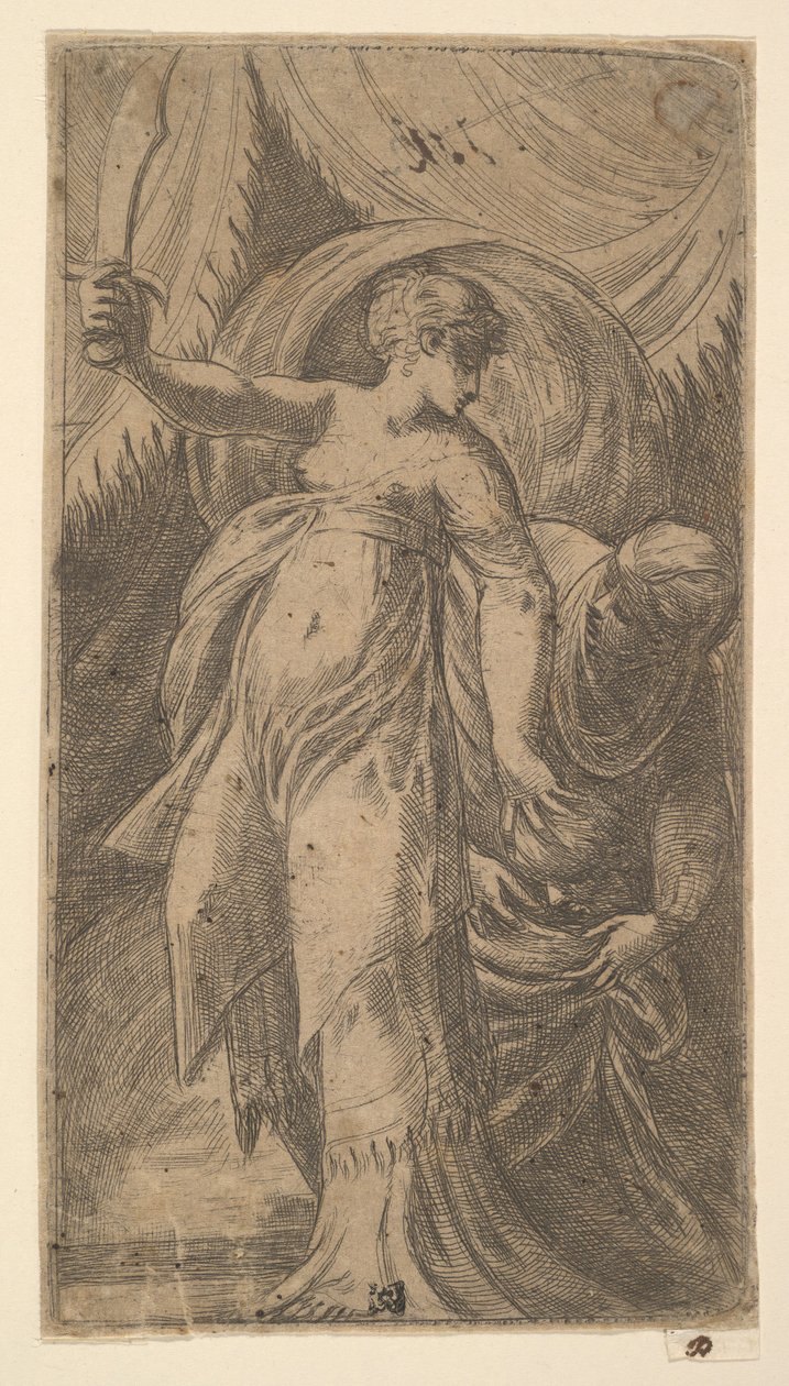 Judith met haar zwaard opgeheven in haar rechterhand en het hoofd van Holofernes plaatsend door Andrea Schiavone