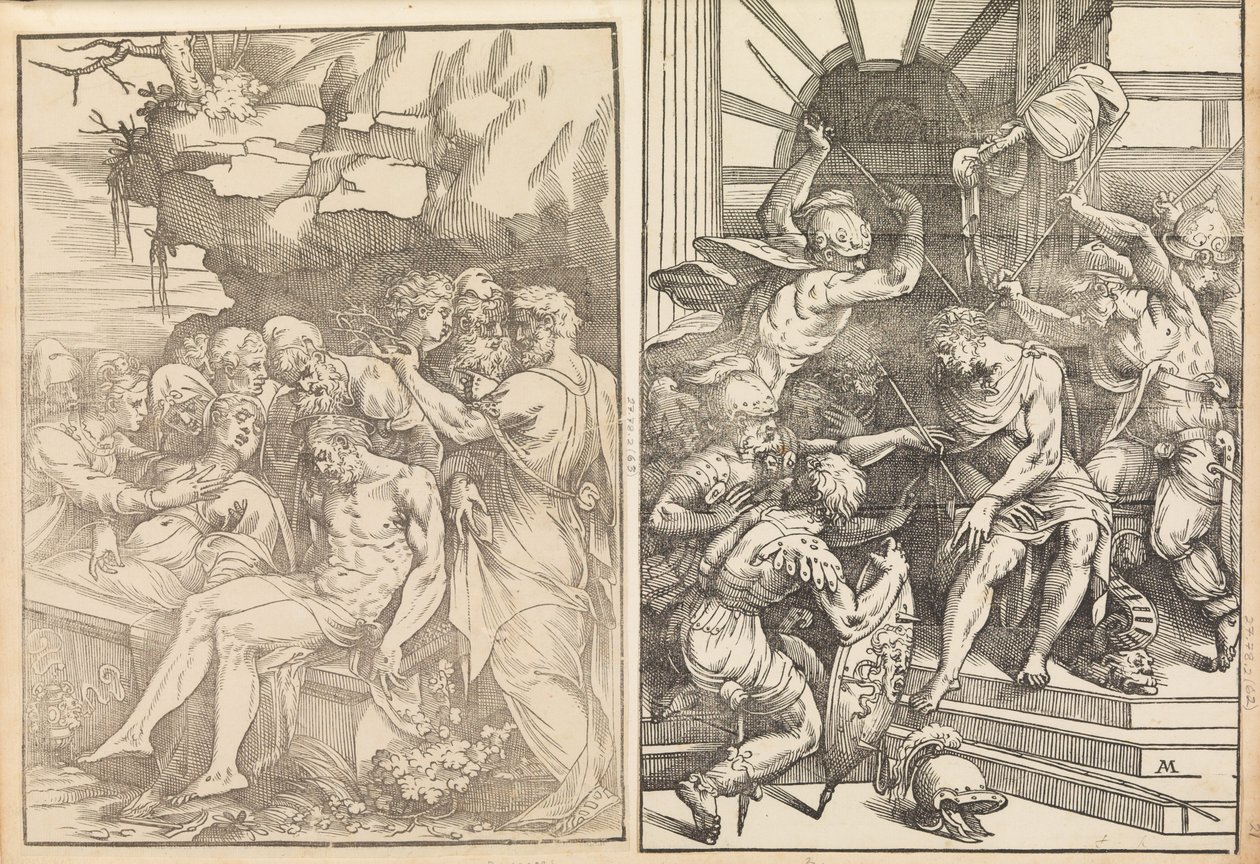 Rouw over de Dode Christus, Christus wordt aangevallen door soldaten door Andrea Schiavone