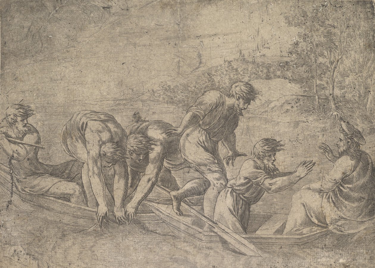 Het Wonderbaarlijke Vangst van de Vissen, Christus rechts vergezeld door apostelen door Andrea Schiavone