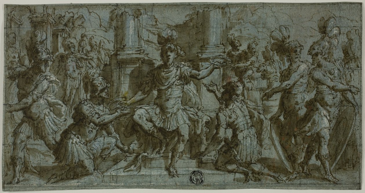 Mars (of Alexander) deelt de kransen van de overwinnaar uit door Andrea Semino