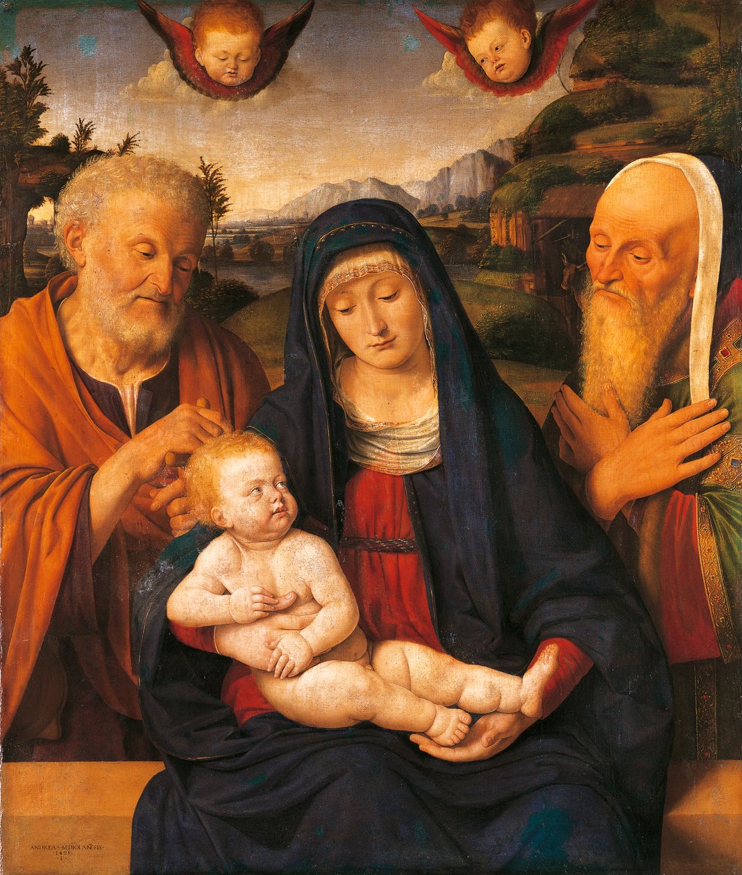 Madonna en Kind met Heiligen Jozef en Simeon door Andrea Solario (1470-1524), tempera en olie op paneel, overgebracht op doek door Andrea Solario