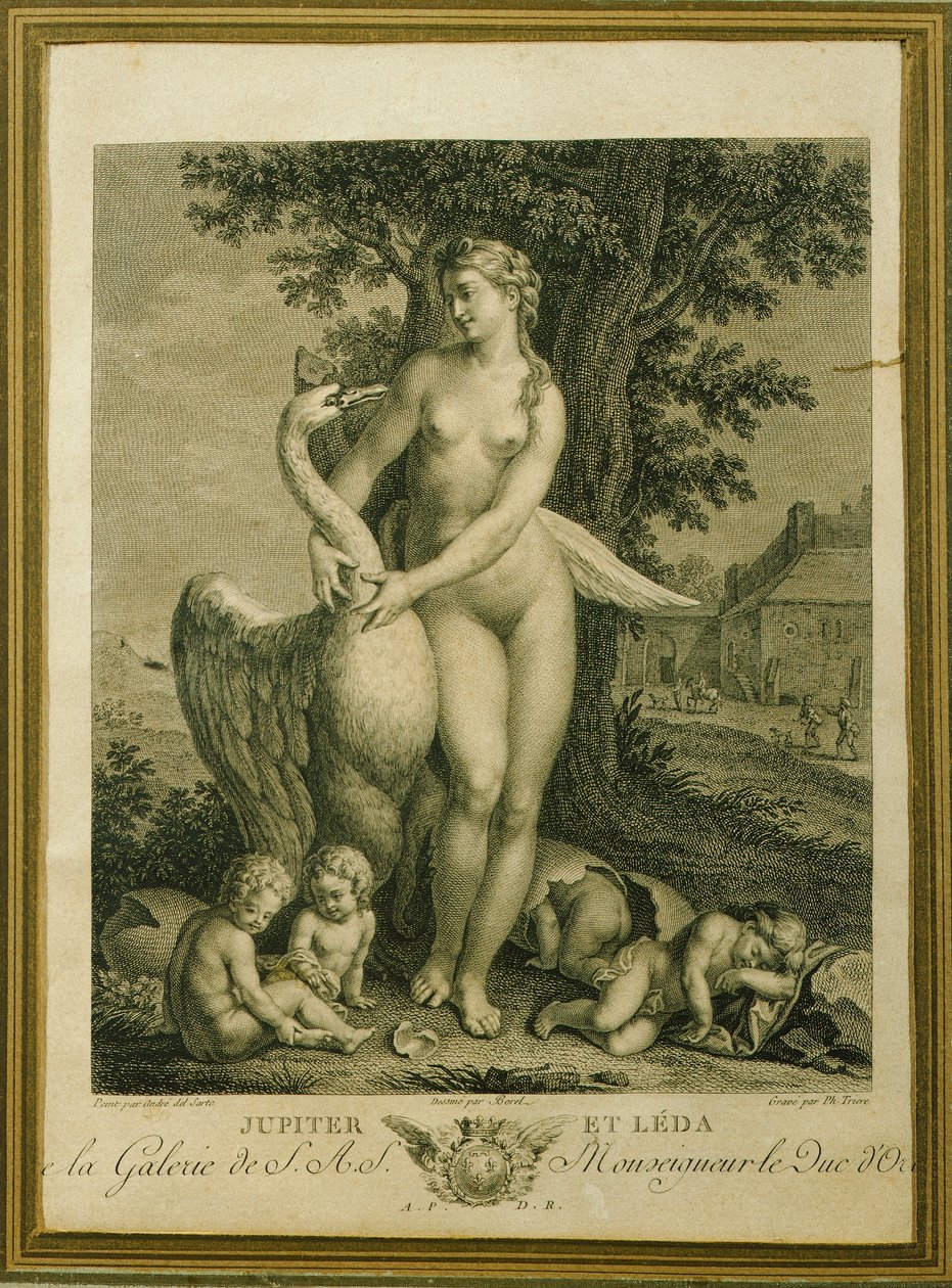 Leda en de zwaan, gravure door Philippe Triere, naar een tekening van Andrea Del Sarto door Andrea del Sarto