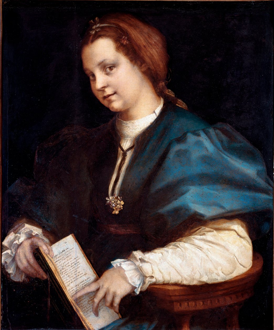 Portret van een onbekende (Dame bij Petrarchino, de vrouw houdt een exemplaar van de Canzoniere van Petrarca in haar handen) door Andrea del Sarto