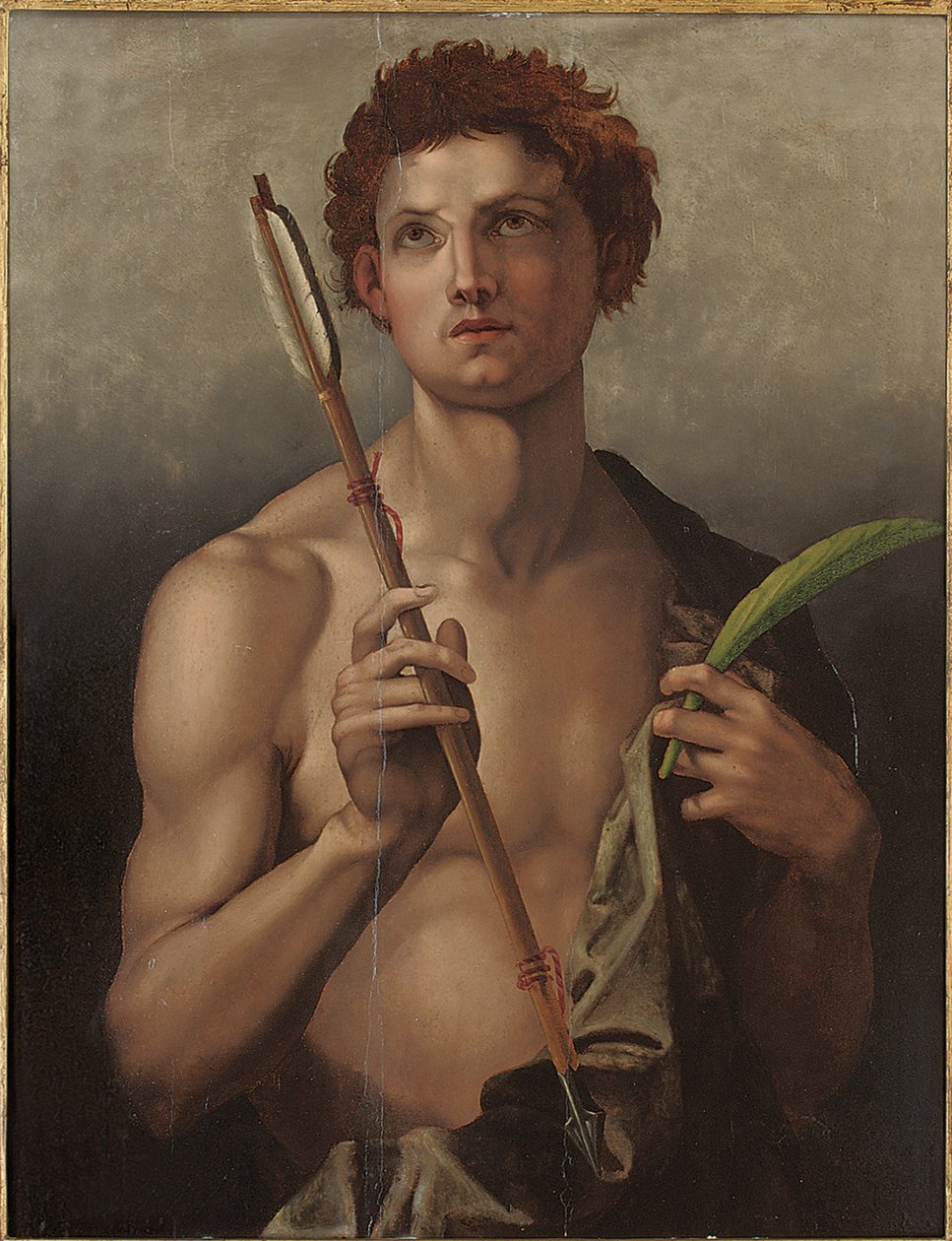 Sint Sebastiaan met een pijl in zijn rechterhand en de martelaarspalm in zijn linkerhand door Andrea del Sarto