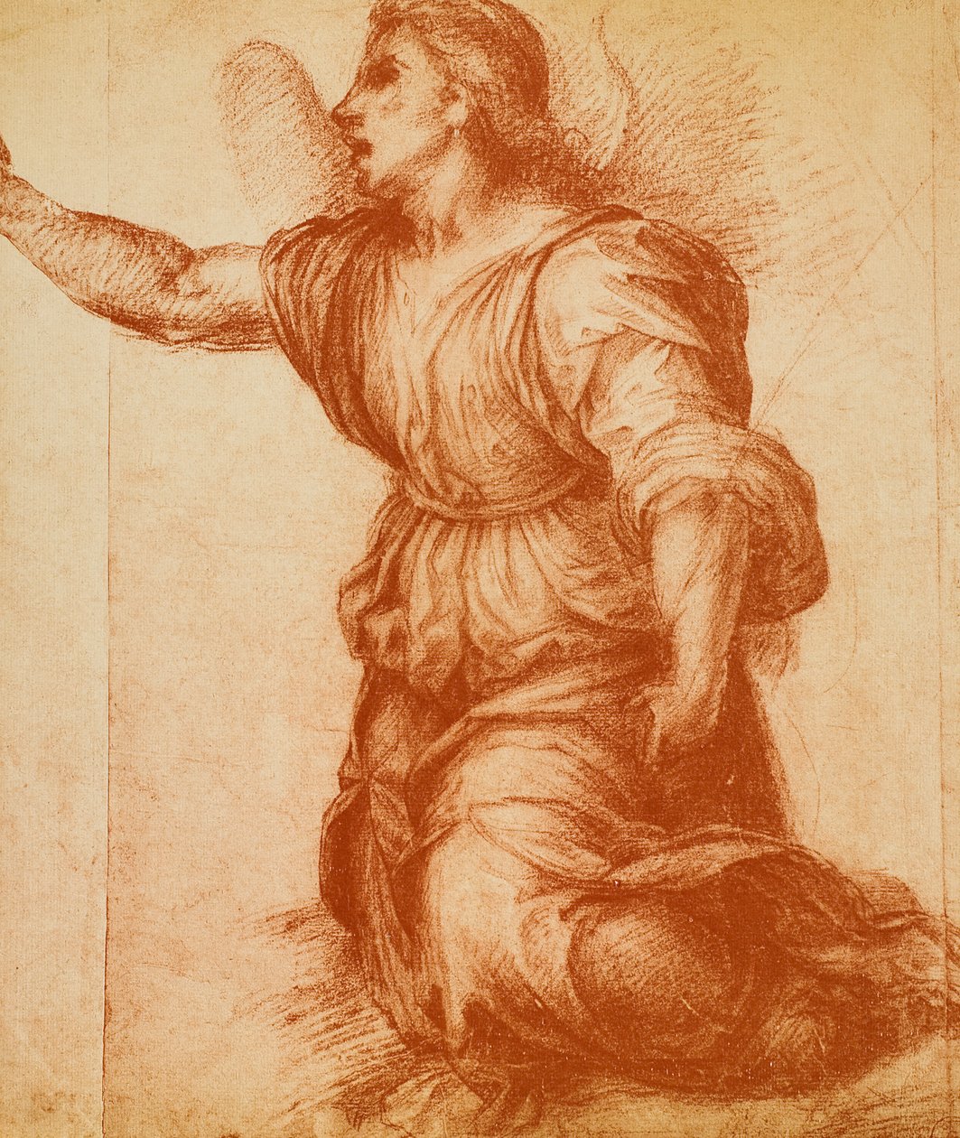 Studie van een engel, tekening door Andrea del Sarto gemaakt voor de Annunciatie nu gehuisvest in de Palatina Gallery. Gabinetto dei Disegni e delle Stampe, Uffizi Gallery, Florence door Andrea del Sarto